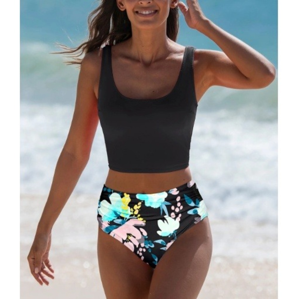 Popvil Women's Black Floral None Nylon Sxy Tankini Top Bottom Set Size XL NWT